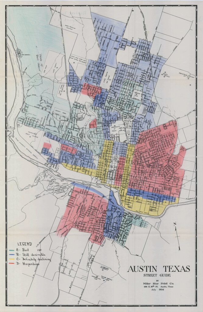 Redlining Map of Austin, 1935. Areas shown in red were deemed “hazardous,” areas shown in green were deemed “best value.”